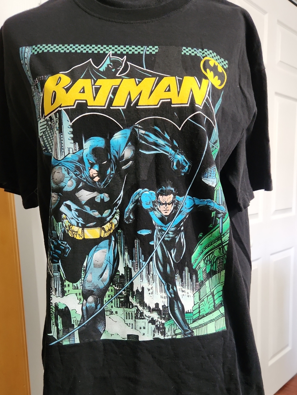 Batman Black Graphic Tee with Blue and Yellow Accents